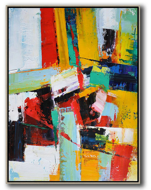Handmade Large Contemporary Art,Vertical Palette Knife Contemporary Art,Large Abstract Art Handmade Acrylic Painting,Red,Yellow,Dark Blue,White.Etc